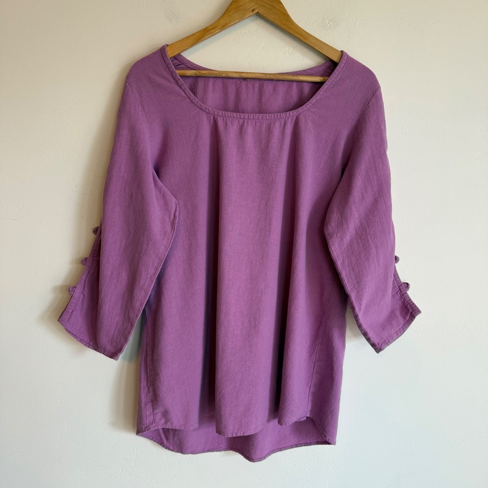 Soft Surroundings Tunic Top L Purple Cotton Cutout Knot Sleeve Boho Lagenlook